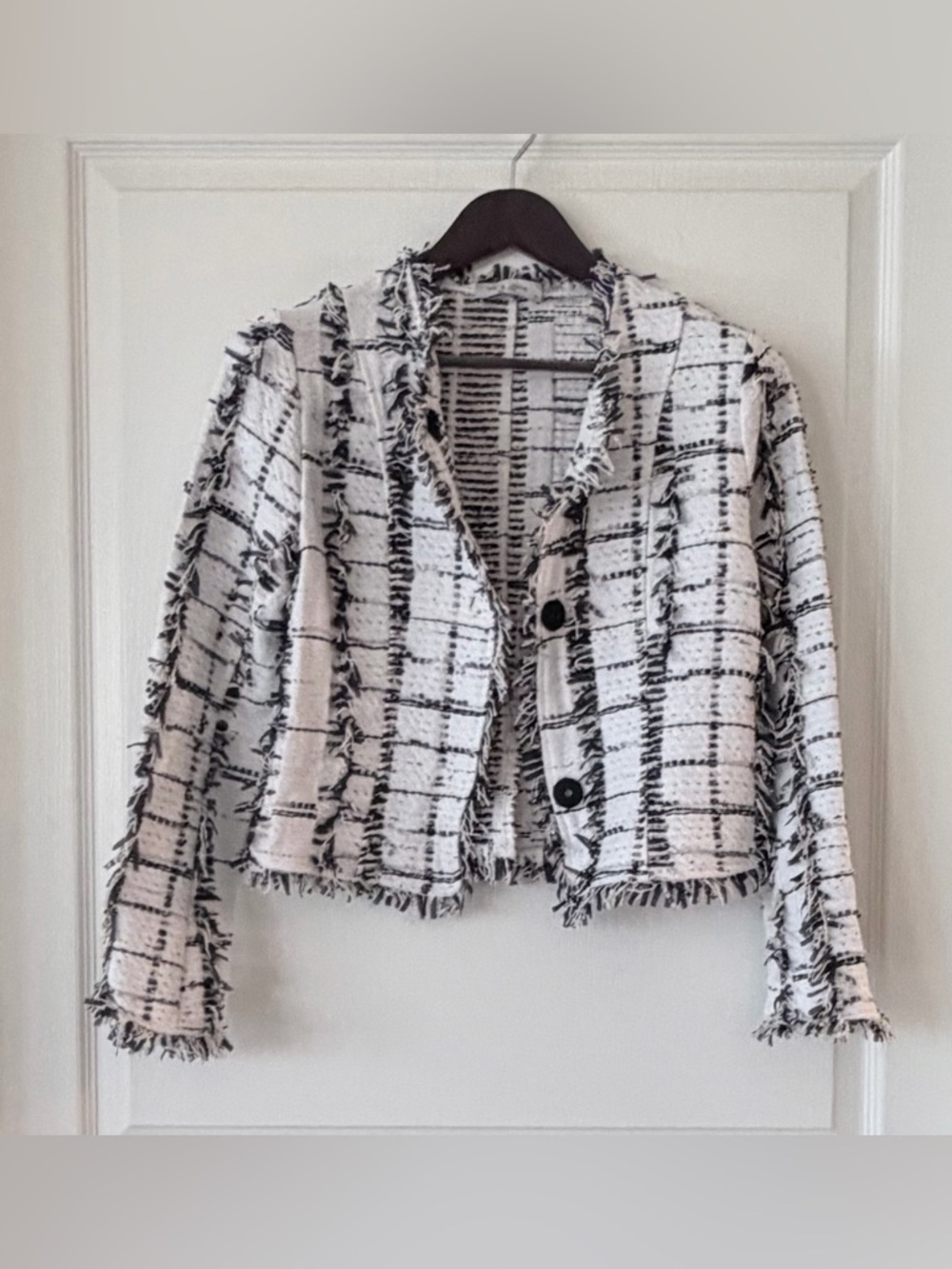 Lola & Sophie Black and White Tweed Cropped Frayed Jacket